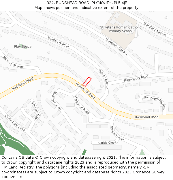 324, BUDSHEAD ROAD, PLYMOUTH, PL5 4JE: Location map and indicative extent of plot