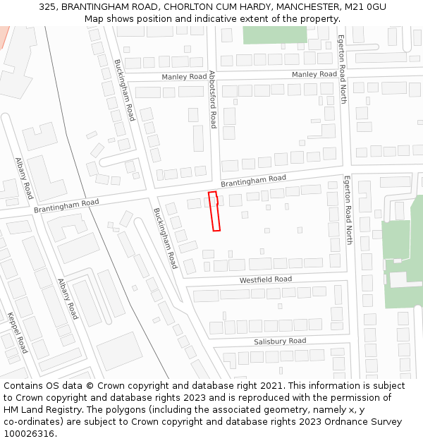 325, BRANTINGHAM ROAD, CHORLTON CUM HARDY, MANCHESTER, M21 0GU: Location map and indicative extent of plot