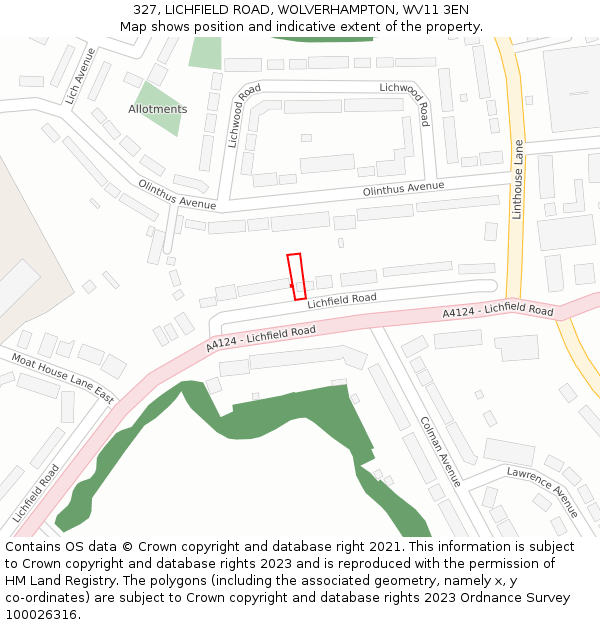 327, LICHFIELD ROAD, WOLVERHAMPTON, WV11 3EN: Location map and indicative extent of plot