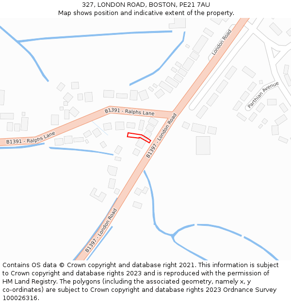 327, LONDON ROAD, BOSTON, PE21 7AU: Location map and indicative extent of plot