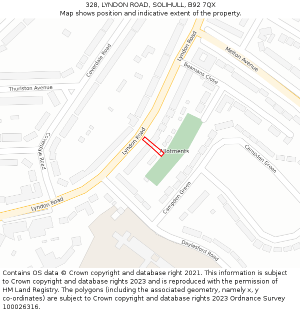 328, LYNDON ROAD, SOLIHULL, B92 7QX: Location map and indicative extent of plot