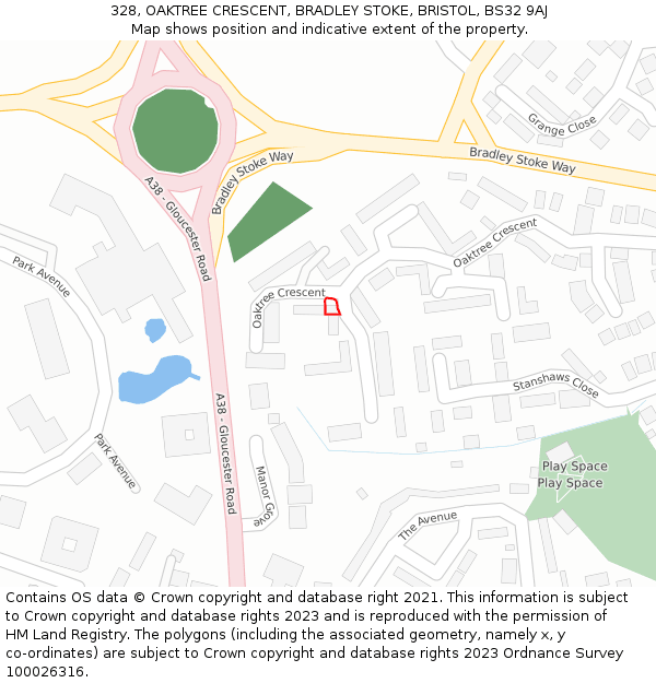 328, OAKTREE CRESCENT, BRADLEY STOKE, BRISTOL, BS32 9AJ: Location map and indicative extent of plot