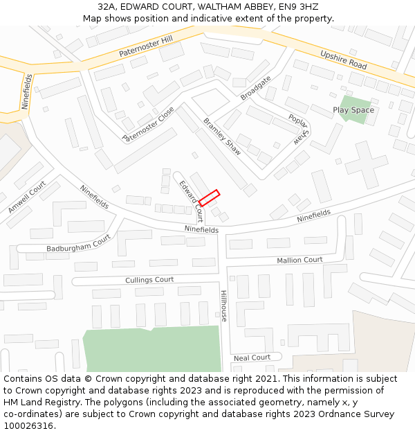 32A, EDWARD COURT, WALTHAM ABBEY, EN9 3HZ: Location map and indicative extent of plot