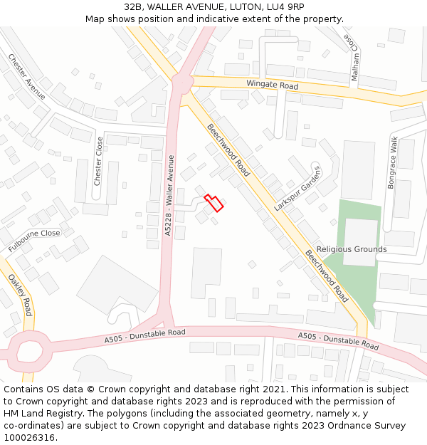 32B, WALLER AVENUE, LUTON, LU4 9RP: Location map and indicative extent of plot
