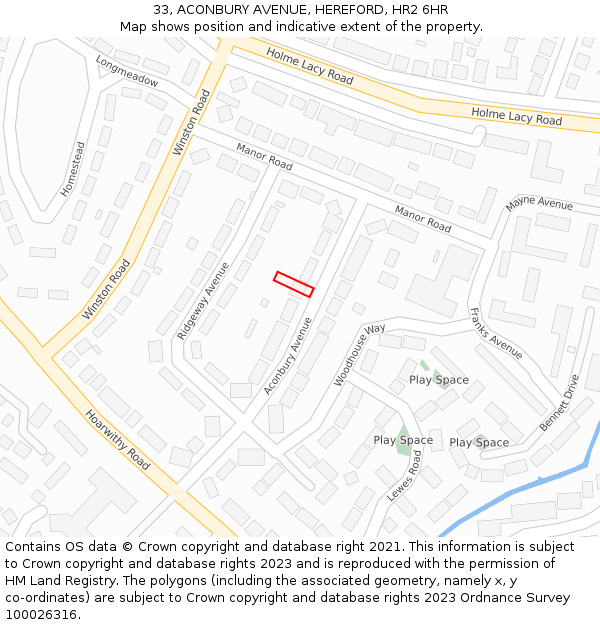 33, ACONBURY AVENUE, HEREFORD, HR2 6HR: Location map and indicative extent of plot