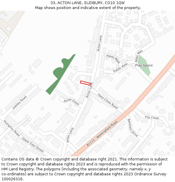 33, ACTON LANE, SUDBURY, CO10 1QW: Location map and indicative extent of plot