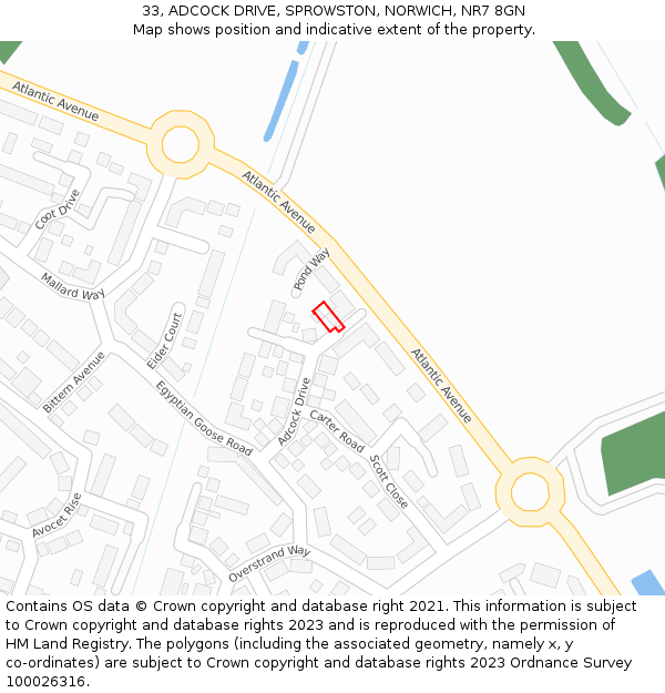 33, ADCOCK DRIVE, SPROWSTON, NORWICH, NR7 8GN: Location map and indicative extent of plot