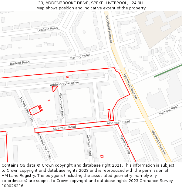 33, ADDENBROOKE DRIVE, SPEKE, LIVERPOOL, L24 9LL: Location map and indicative extent of plot