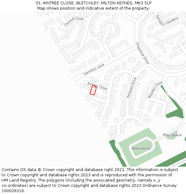 33, AINTREE CLOSE, BLETCHLEY, MILTON KEYNES, MK3 5LP: Location map and indicative extent of plot