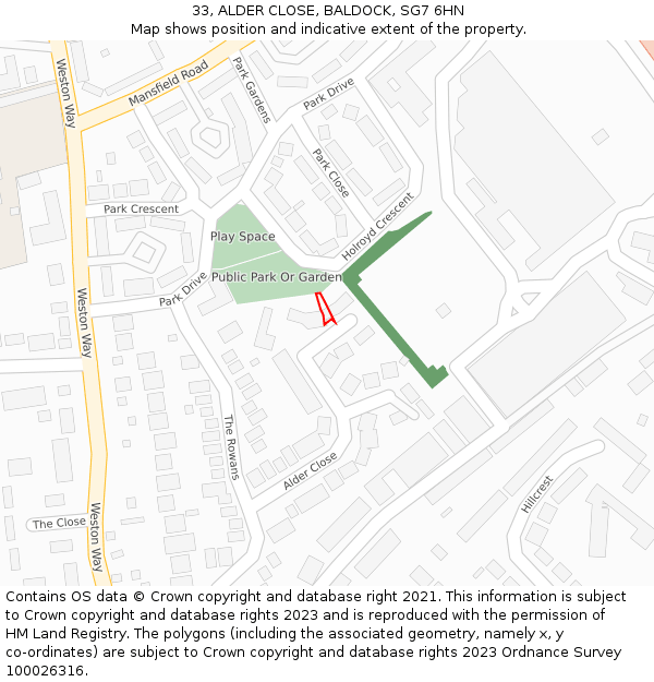 33, ALDER CLOSE, BALDOCK, SG7 6HN: Location map and indicative extent of plot