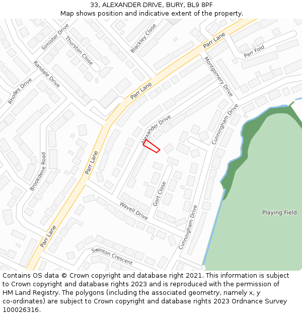33, ALEXANDER DRIVE, BURY, BL9 8PF: Location map and indicative extent of plot