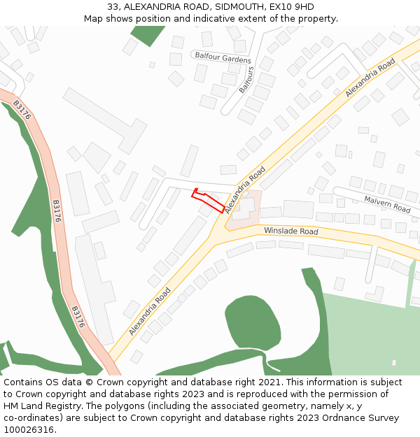 33, ALEXANDRIA ROAD, SIDMOUTH, EX10 9HD: Location map and indicative extent of plot