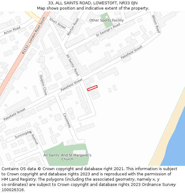 33, ALL SAINTS ROAD, LOWESTOFT, NR33 0JN: Location map and indicative extent of plot