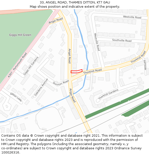 33, ANGEL ROAD, THAMES DITTON, KT7 0AU: Location map and indicative extent of plot