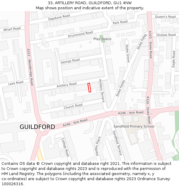 33, ARTILLERY ROAD, GUILDFORD, GU1 4NW: Location map and indicative extent of plot