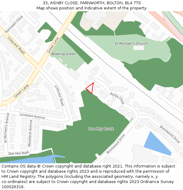 33, ASHBY CLOSE, FARNWORTH, BOLTON, BL4 7TS: Location map and indicative extent of plot