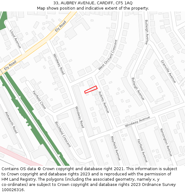 33, AUBREY AVENUE, CARDIFF, CF5 1AQ: Location map and indicative extent of plot