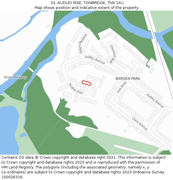 33, AUDLEY RISE, TONBRIDGE, TN9 1XU: Location map and indicative extent of plot