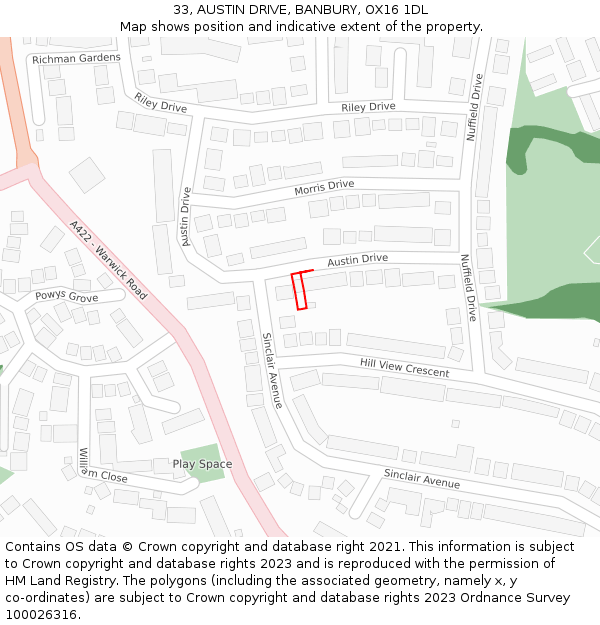 33, AUSTIN DRIVE, BANBURY, OX16 1DL: Location map and indicative extent of plot
