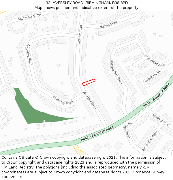 33, AVERSLEY ROAD, BIRMINGHAM, B38 8PD: Location map and indicative extent of plot