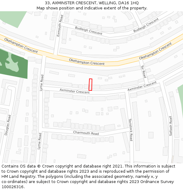 33, AXMINSTER CRESCENT, WELLING, DA16 1HQ: Location map and indicative extent of plot