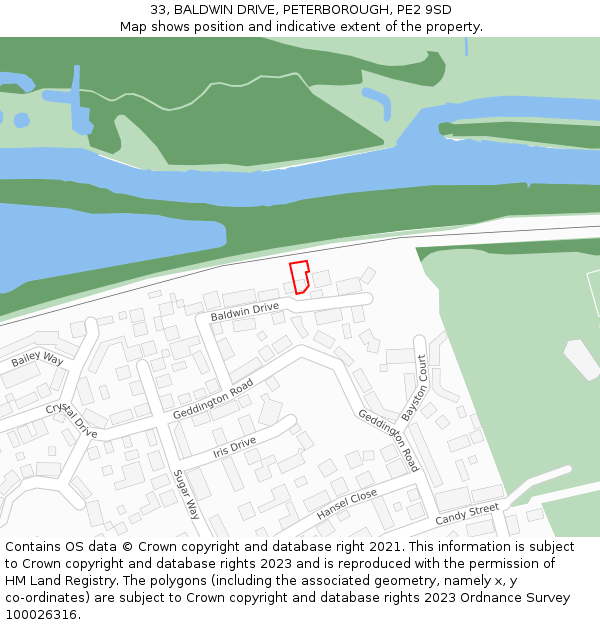 33, BALDWIN DRIVE, PETERBOROUGH, PE2 9SD: Location map and indicative extent of plot