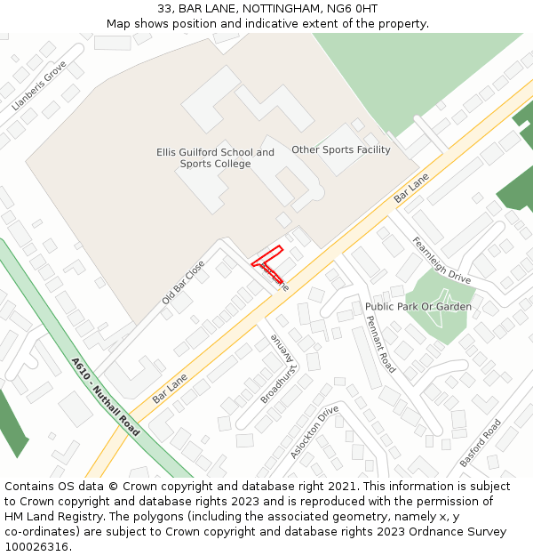 33, BAR LANE, NOTTINGHAM, NG6 0HT: Location map and indicative extent of plot