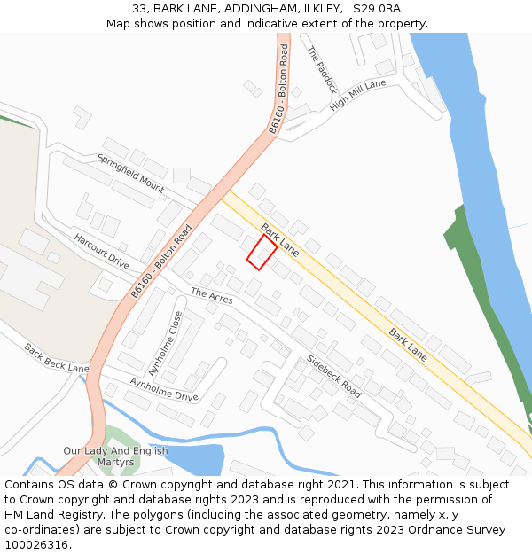 33, BARK LANE, ADDINGHAM, ILKLEY, LS29 0RA: Location map and indicative extent of plot