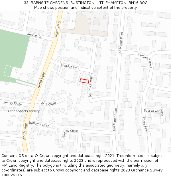 33, BARNSITE GARDENS, RUSTINGTON, LITTLEHAMPTON, BN16 3QG: Location map and indicative extent of plot