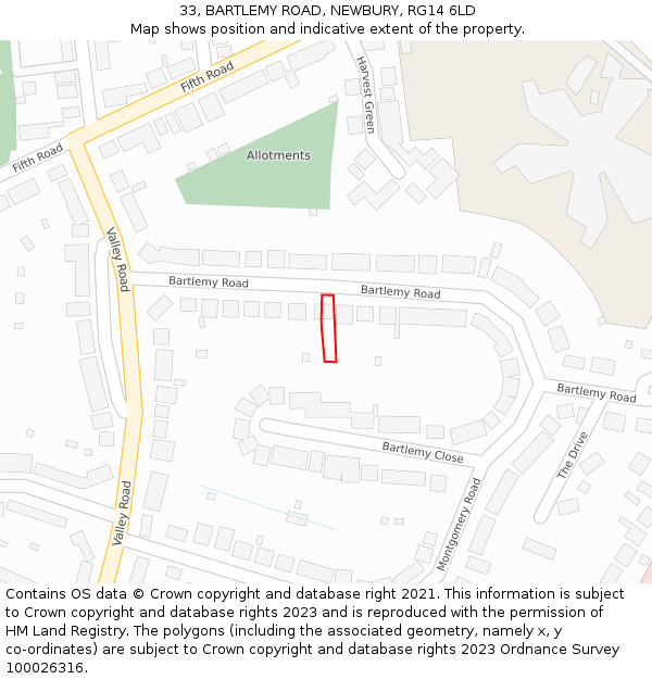 33, BARTLEMY ROAD, NEWBURY, RG14 6LD: Location map and indicative extent of plot