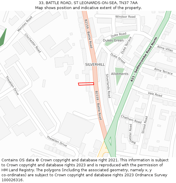 33, BATTLE ROAD, ST LEONARDS-ON-SEA, TN37 7AA: Location map and indicative extent of plot