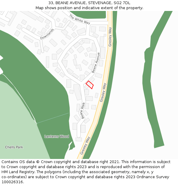 33, BEANE AVENUE, STEVENAGE, SG2 7DL: Location map and indicative extent of plot