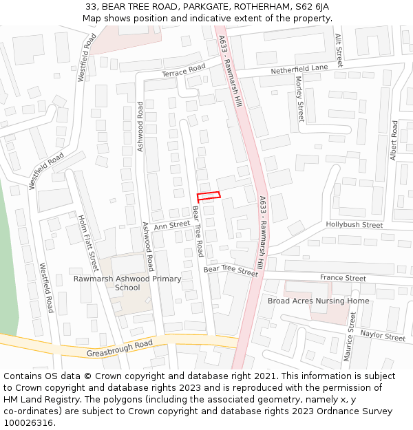 33, BEAR TREE ROAD, PARKGATE, ROTHERHAM, S62 6JA: Location map and indicative extent of plot