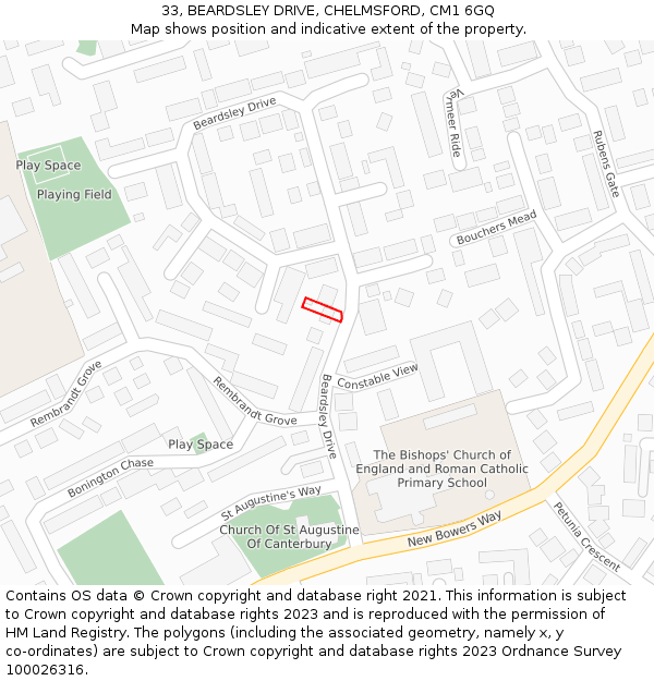 33, BEARDSLEY DRIVE, CHELMSFORD, CM1 6GQ: Location map and indicative extent of plot