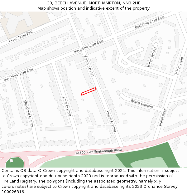 33, BEECH AVENUE, NORTHAMPTON, NN3 2HE: Location map and indicative extent of plot
