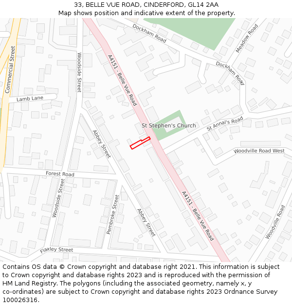 33, BELLE VUE ROAD, CINDERFORD, GL14 2AA: Location map and indicative extent of plot