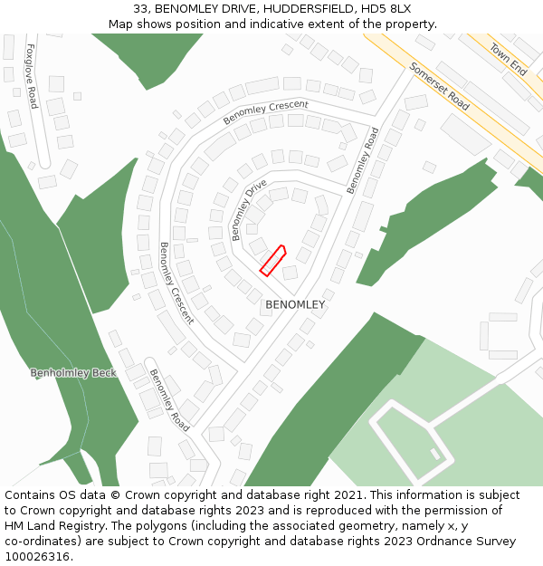 33, BENOMLEY DRIVE, HUDDERSFIELD, HD5 8LX: Location map and indicative extent of plot