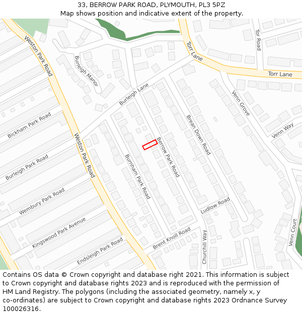 33, BERROW PARK ROAD, PLYMOUTH, PL3 5PZ: Location map and indicative extent of plot