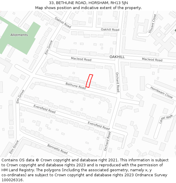 33, BETHUNE ROAD, HORSHAM, RH13 5JN: Location map and indicative extent of plot
