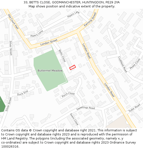 33, BETTS CLOSE, GODMANCHESTER, HUNTINGDON, PE29 2YA: Location map and indicative extent of plot
