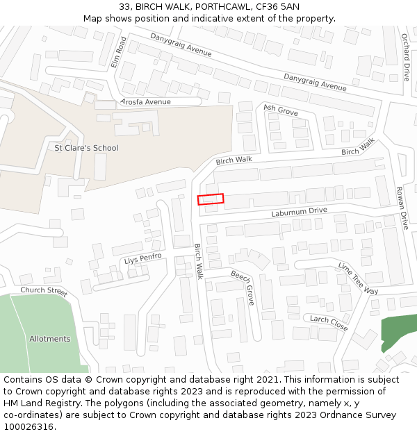 33, BIRCH WALK, PORTHCAWL, CF36 5AN: Location map and indicative extent of plot