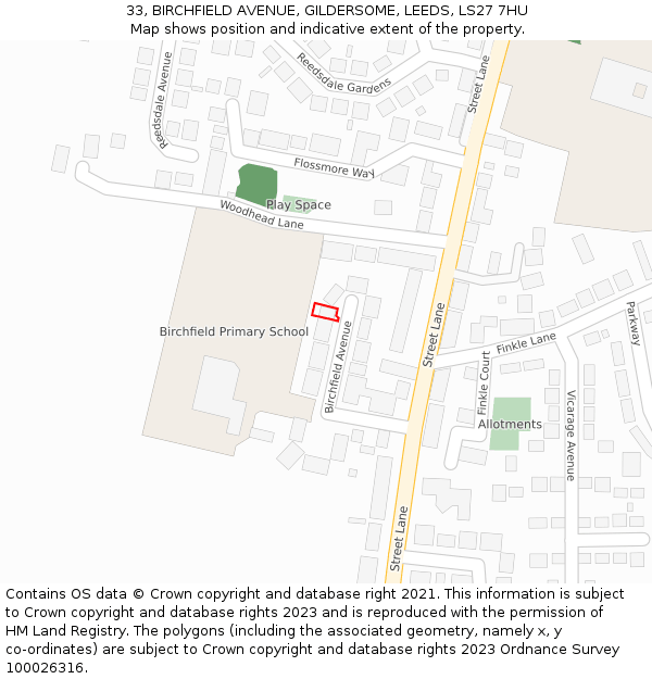 33, BIRCHFIELD AVENUE, GILDERSOME, LEEDS, LS27 7HU: Location map and indicative extent of plot