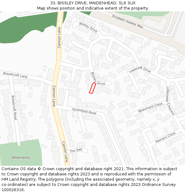 33, BISSLEY DRIVE, MAIDENHEAD, SL6 3UX: Location map and indicative extent of plot