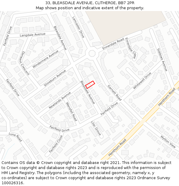 33, BLEASDALE AVENUE, CLITHEROE, BB7 2PR: Location map and indicative extent of plot