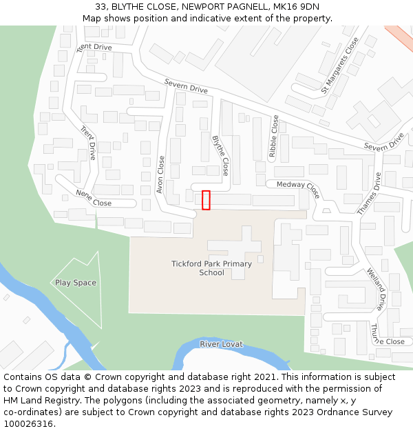 33, BLYTHE CLOSE, NEWPORT PAGNELL, MK16 9DN: Location map and indicative extent of plot
