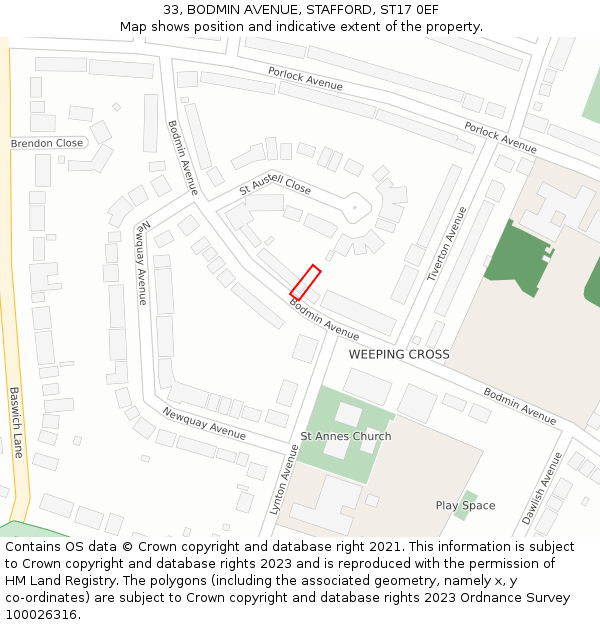 33, BODMIN AVENUE, STAFFORD, ST17 0EF: Location map and indicative extent of plot