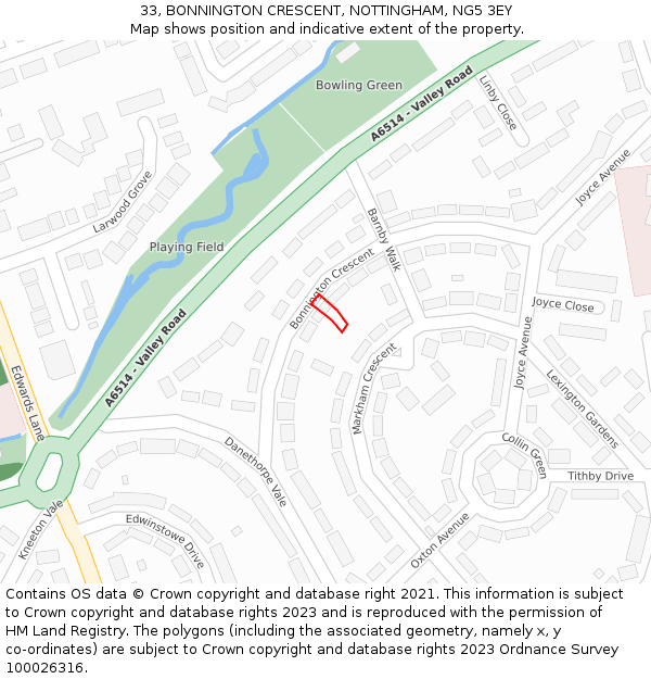 33, BONNINGTON CRESCENT, NOTTINGHAM, NG5 3EY: Location map and indicative extent of plot