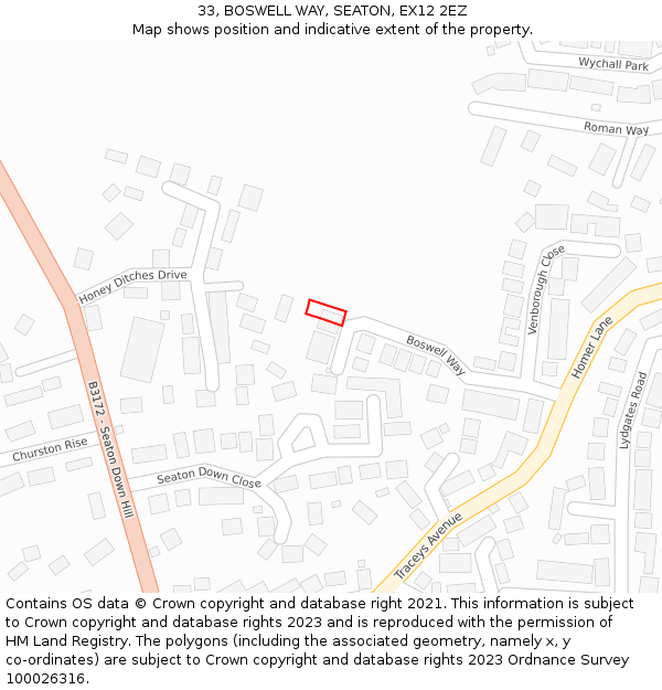 33, BOSWELL WAY, SEATON, EX12 2EZ: Location map and indicative extent of plot