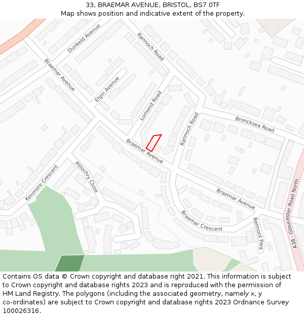 33, BRAEMAR AVENUE, BRISTOL, BS7 0TF: Location map and indicative extent of plot
