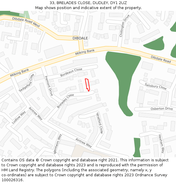 33, BRELADES CLOSE, DUDLEY, DY1 2UZ: Location map and indicative extent of plot